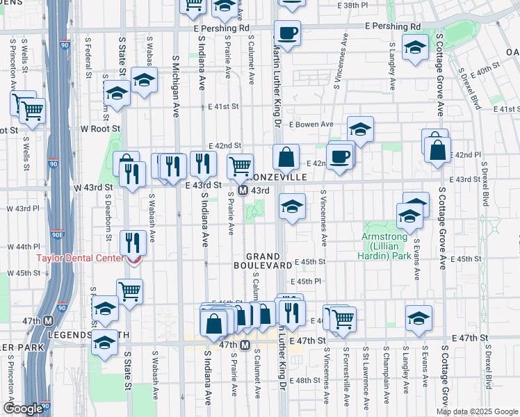 map of restaurants, bars, coffee shops, grocery stores, and more near 4337 South Calumet Avenue in Chicago