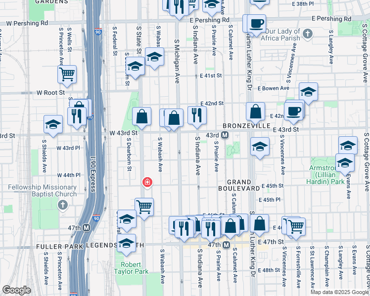 map of restaurants, bars, coffee shops, grocery stores, and more near 4337 South Michigan Avenue in Chicago