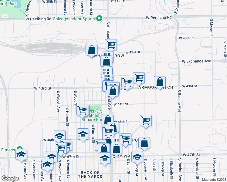 map of restaurants, bars, coffee shops, grocery stores, and more near 4301 South Ashland Avenue in Chicago