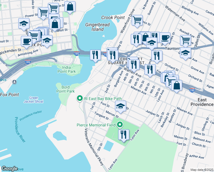 map of restaurants, bars, coffee shops, grocery stores, and more near 80 1st Street in East Providence