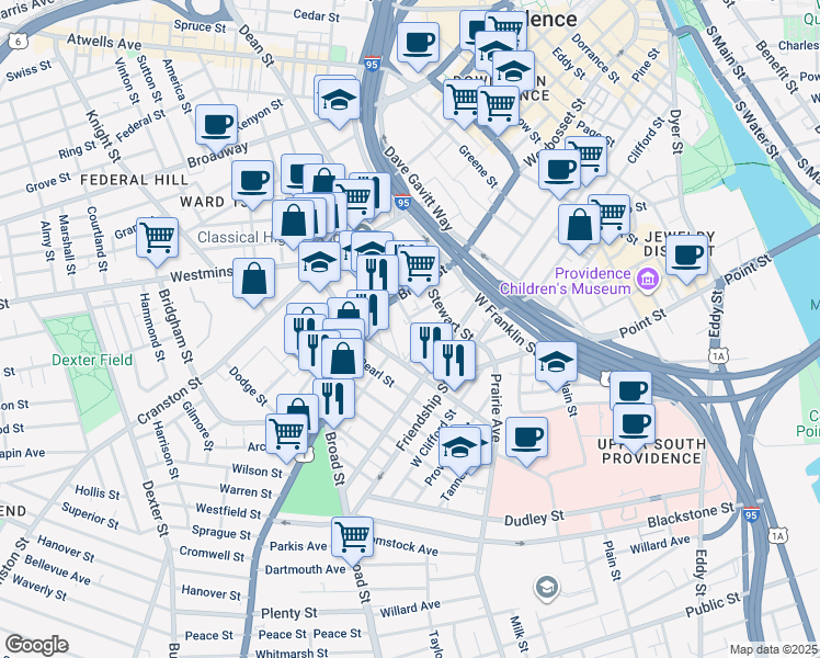 map of restaurants, bars, coffee shops, grocery stores, and more near 112 Summer Street in Providence