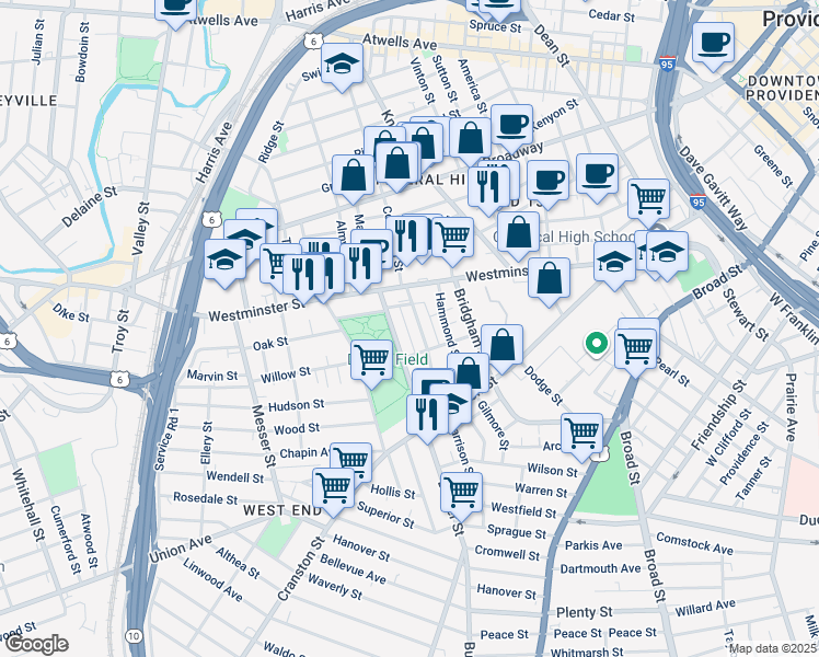 map of restaurants, bars, coffee shops, grocery stores, and more near 41 Harrison Street in Providence