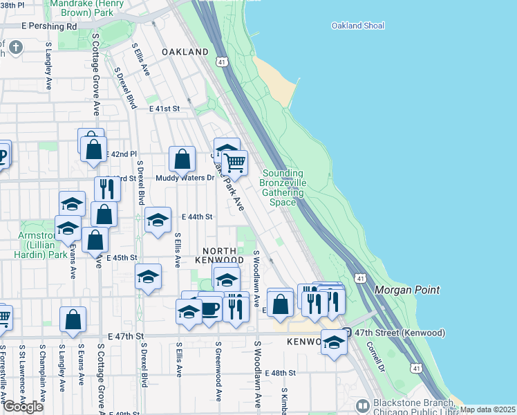 map of restaurants, bars, coffee shops, grocery stores, and more near 4352 South Oakenwald Avenue in Chicago
