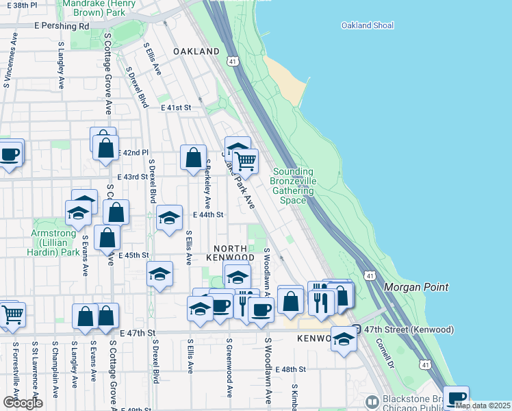 map of restaurants, bars, coffee shops, grocery stores, and more near 4352 South Oakenwald Avenue in Chicago