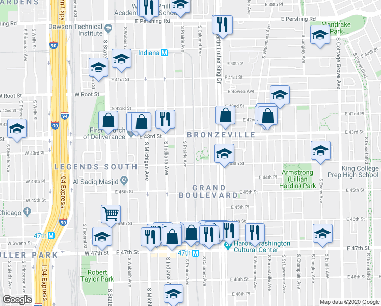map of restaurants, bars, coffee shops, grocery stores, and more near 4341 South Prairie Avenue in Chicago