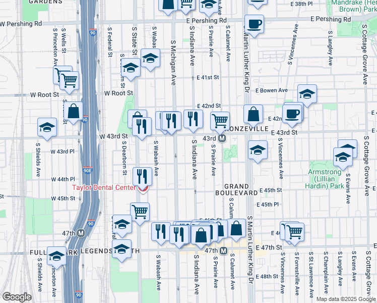 map of restaurants, bars, coffee shops, grocery stores, and more near 4337 South Michigan Avenue in Chicago