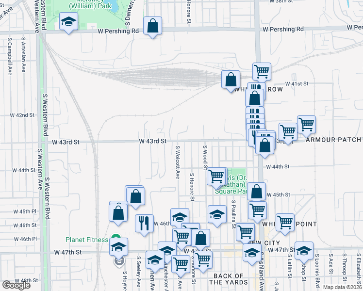 map of restaurants, bars, coffee shops, grocery stores, and more near 4307 South Wolcott Avenue in Chicago