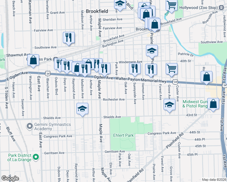 map of restaurants, bars, coffee shops, grocery stores, and more near 4135 Park Avenue in Brookfield