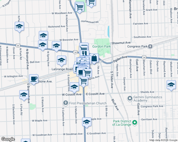 map of restaurants, bars, coffee shops, grocery stores, and more near 20 6th Avenue in La Grange