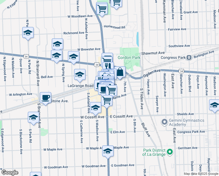 map of restaurants, bars, coffee shops, grocery stores, and more near 20 6th Avenue in La Grange