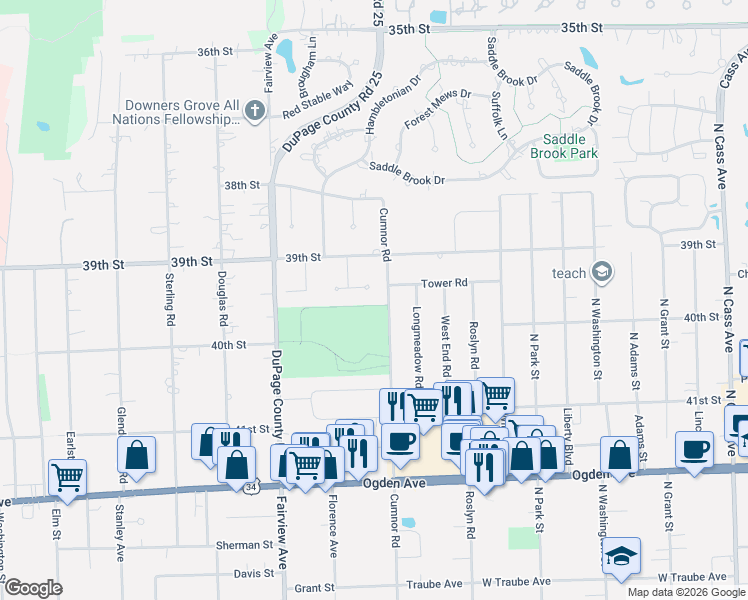 map of restaurants, bars, coffee shops, grocery stores, and more near 209 Herbert Street in Downers Grove
