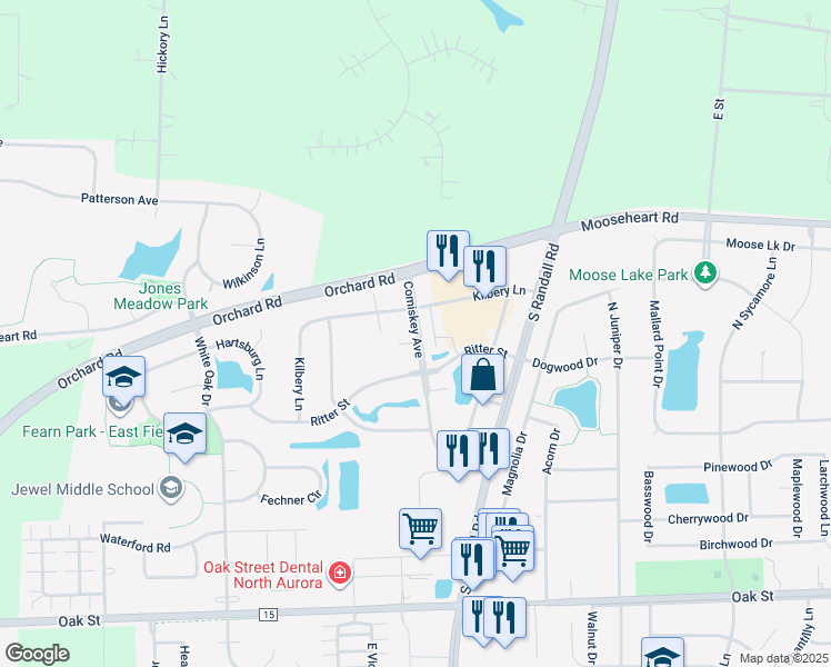 map of restaurants, bars, coffee shops, grocery stores, and more near 1263 Comiskey Avenue in North Aurora