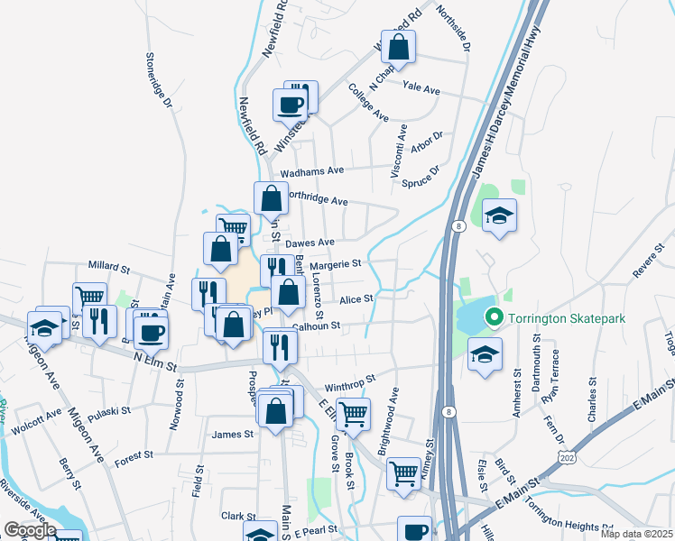 map of restaurants, bars, coffee shops, grocery stores, and more near 58 Eastwood Road in Torrington