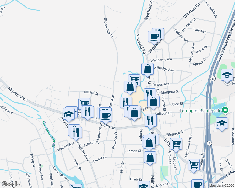 map of restaurants, bars, coffee shops, grocery stores, and more near 162 Red Mountain Avenue in Torrington