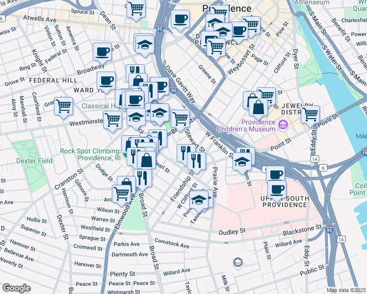 map of restaurants, bars, coffee shops, grocery stores, and more near 112 Summer Street in Providence
