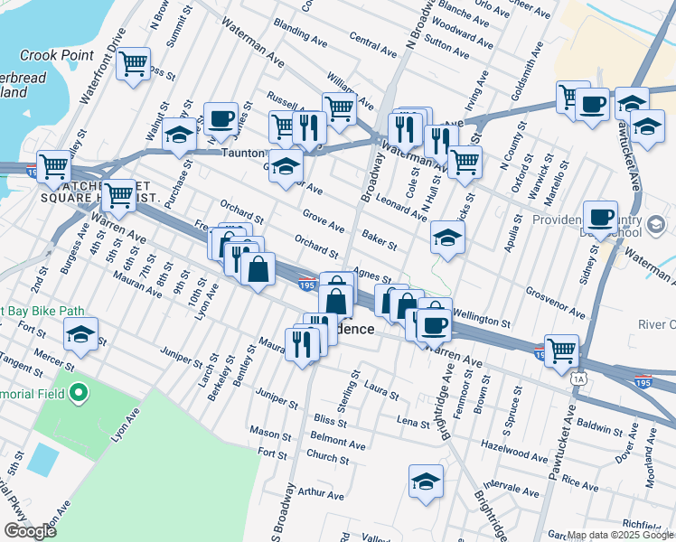 map of restaurants, bars, coffee shops, grocery stores, and more near 935 Broadway in East Providence