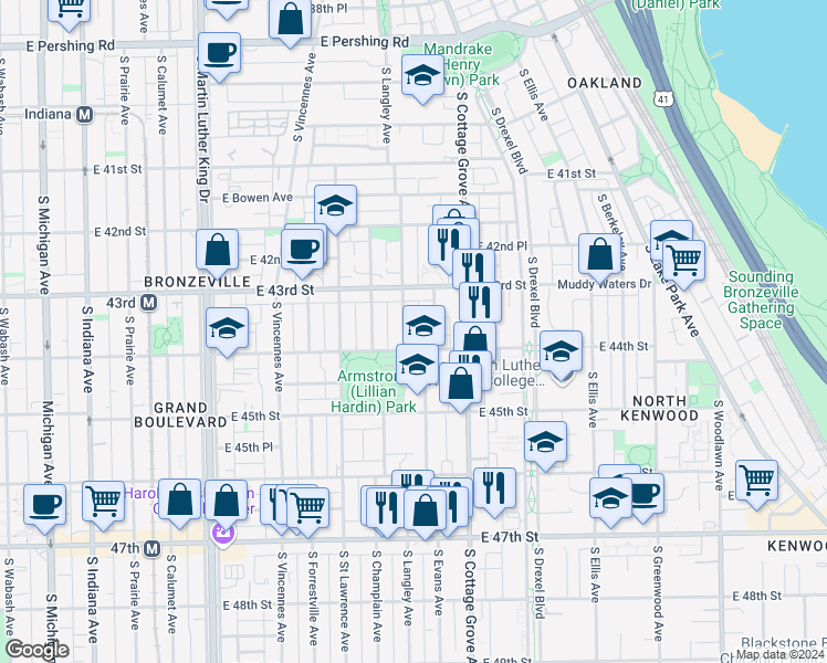 map of restaurants, bars, coffee shops, grocery stores, and more near 4343 South Langley Avenue in Chicago