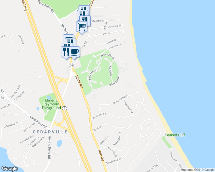 map of restaurants, bars, coffee shops, grocery stores, and more near 93 White Cliff Drive in Plymouth