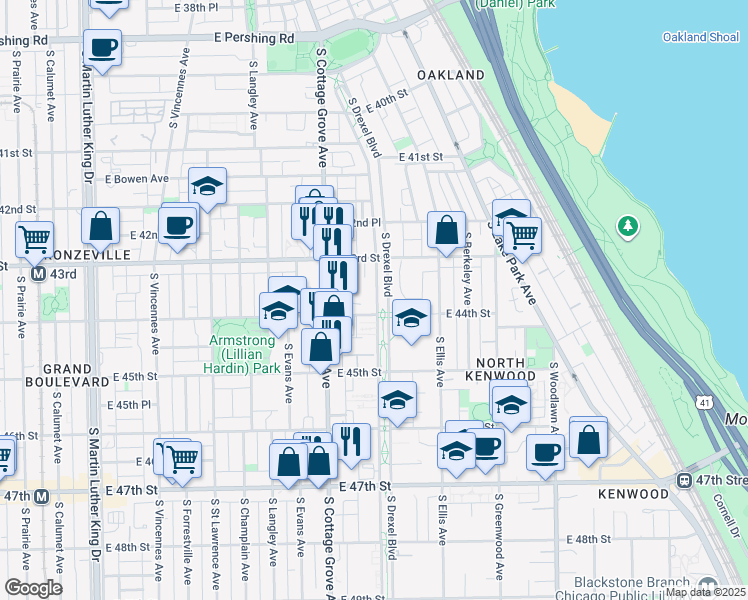 map of restaurants, bars, coffee shops, grocery stores, and more near 4344 South Drexel Boulevard in Chicago