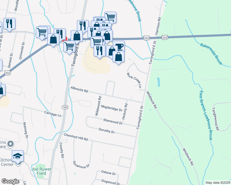 map of restaurants, bars, coffee shops, grocery stores, and more near 155 Louis Cir in Torrington