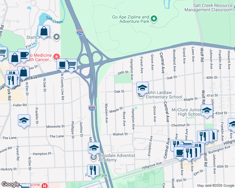 map of restaurants, bars, coffee shops, grocery stores, and more near 1441 Oak Street in Western Springs