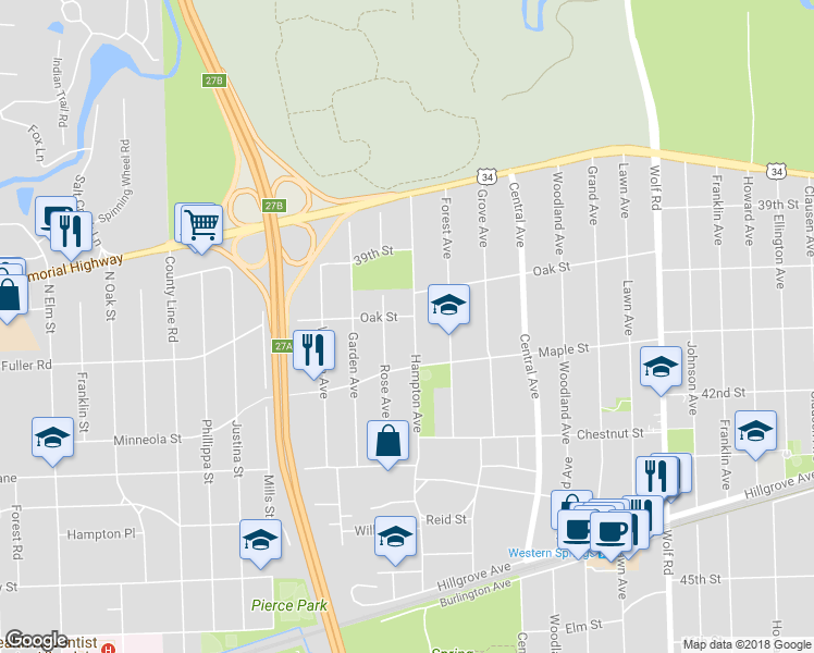 map of restaurants, bars, coffee shops, grocery stores, and more near 4054 Hampton Avenue in Western Springs