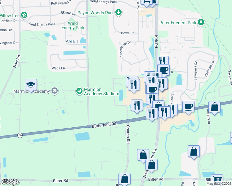 map of restaurants, bars, coffee shops, grocery stores, and more near 2931 Church Road in Aurora