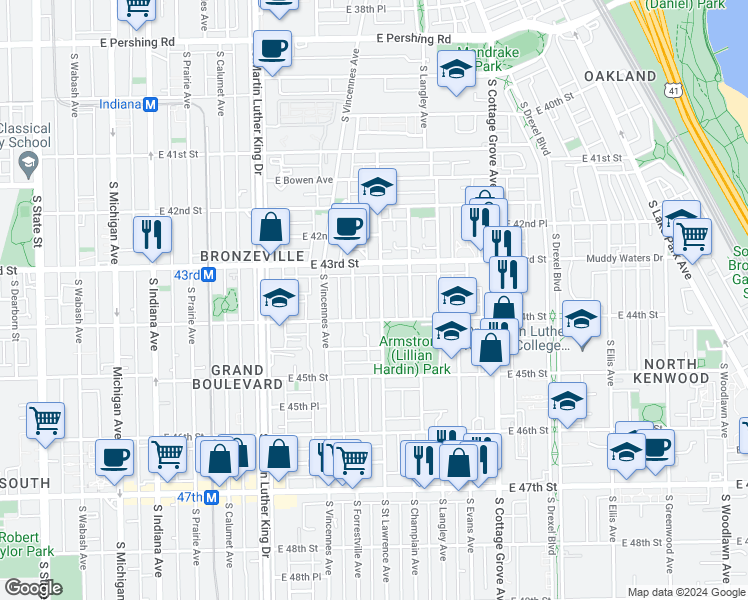map of restaurants, bars, coffee shops, grocery stores, and more near 4340 South Saint Lawrence Avenue in Chicago
