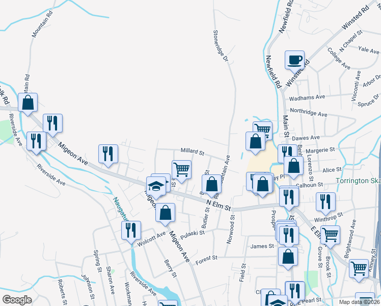 map of restaurants, bars, coffee shops, grocery stores, and more near 126 Mc Guinness Street in Torrington