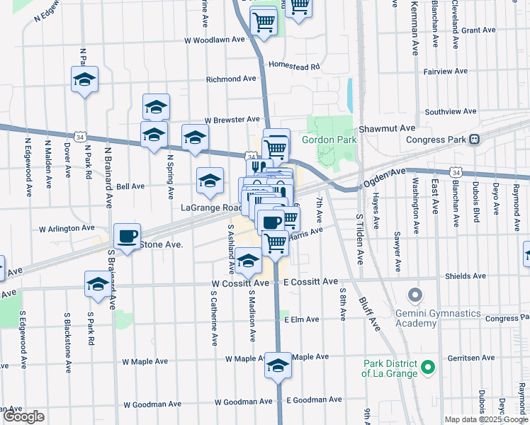 map of restaurants, bars, coffee shops, grocery stores, and more near 8 South La Grange Road in La Grange