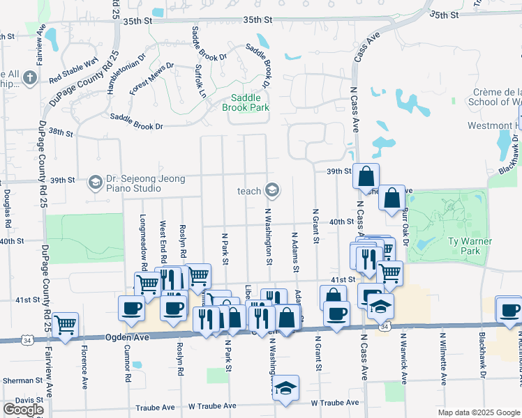 map of restaurants, bars, coffee shops, grocery stores, and more near 3922 North Washington Street in Westmont