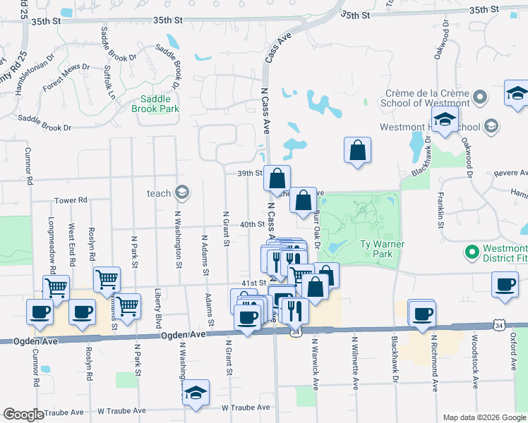 map of restaurants, bars, coffee shops, grocery stores, and more near 3922 North Cass Avenue in Westmont