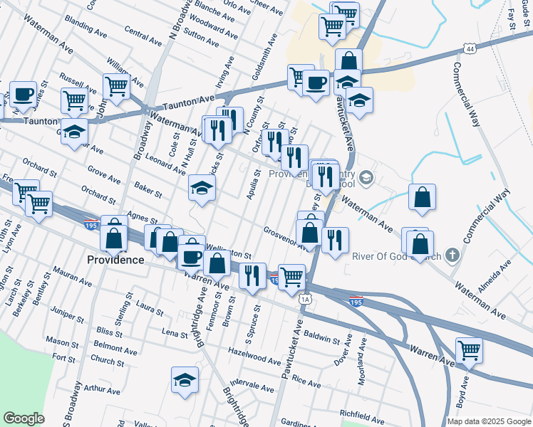 map of restaurants, bars, coffee shops, grocery stores, and more near 69 Roma Street in East Providence