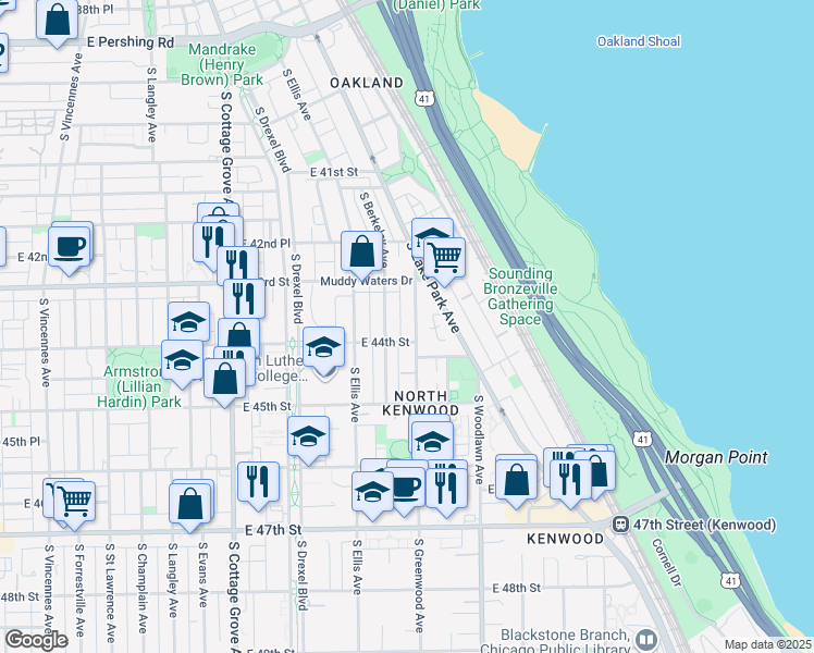map of restaurants, bars, coffee shops, grocery stores, and more near 4344 South Greenwood Avenue in Chicago
