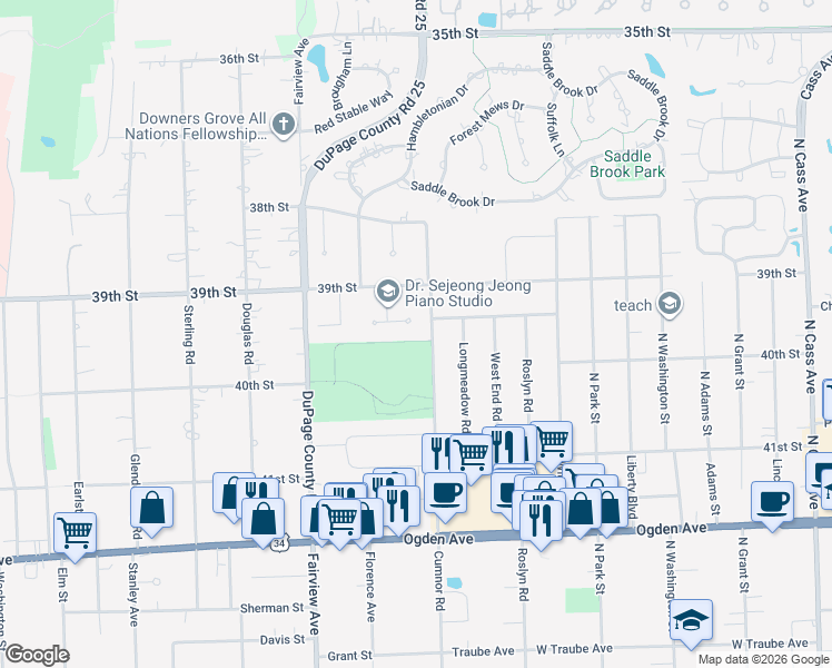 map of restaurants, bars, coffee shops, grocery stores, and more near 209 Herbert Street in Downers Grove
