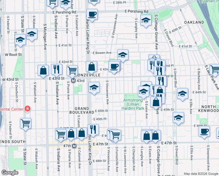 map of restaurants, bars, coffee shops, grocery stores, and more near 4335 South Vincennes Avenue in Chicago