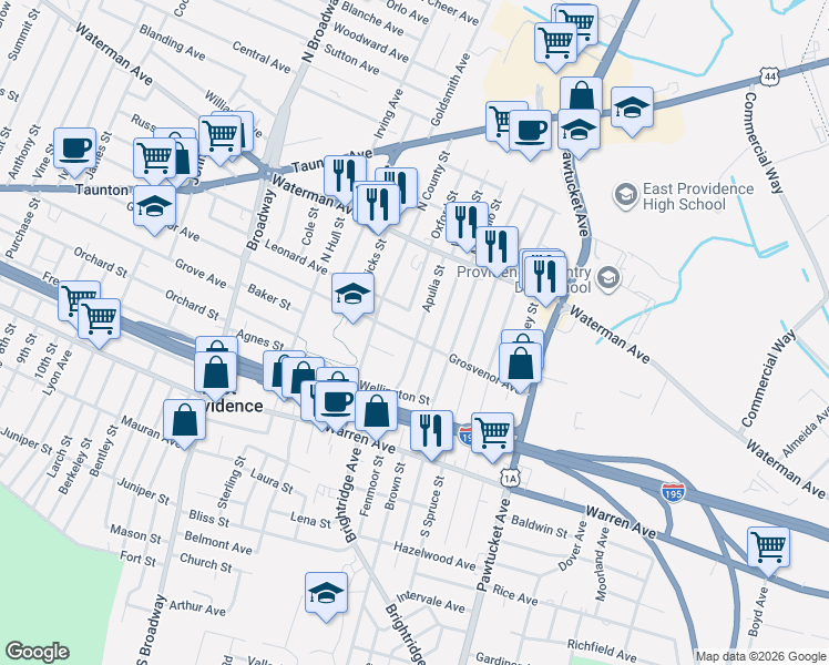 map of restaurants, bars, coffee shops, grocery stores, and more near 93 Apulia Street in East Providence
