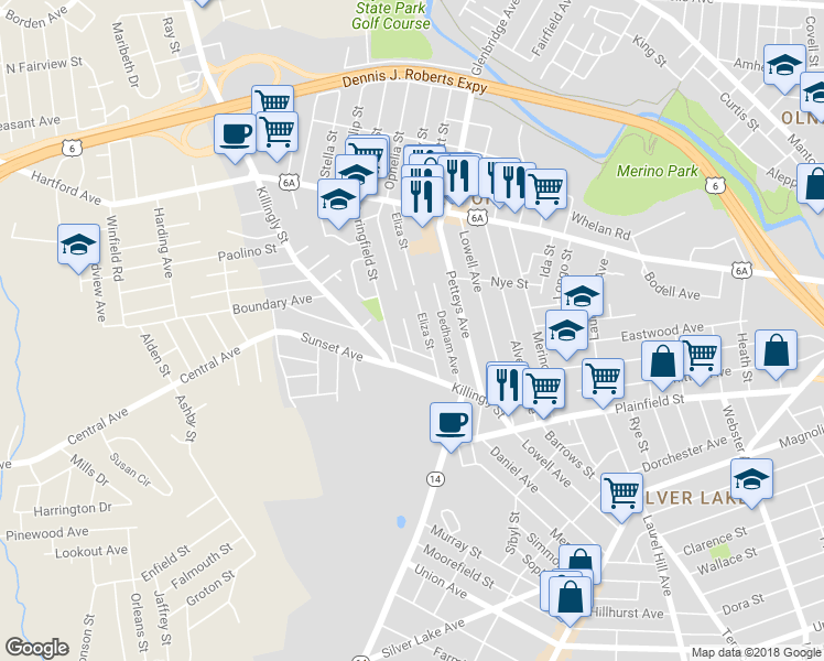 map of restaurants, bars, coffee shops, grocery stores, and more near 7 Ophelia Street in Providence