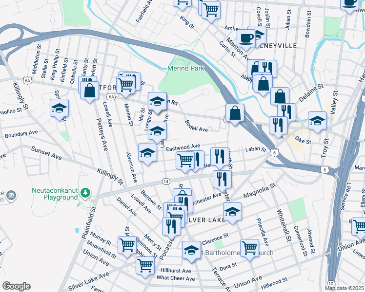 map of restaurants, bars, coffee shops, grocery stores, and more near 169 Eastwood Avenue in Providence
