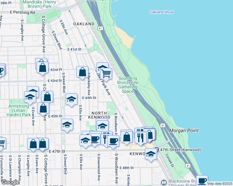map of restaurants, bars, coffee shops, grocery stores, and more near 4352 South Oakenwald Avenue in Chicago