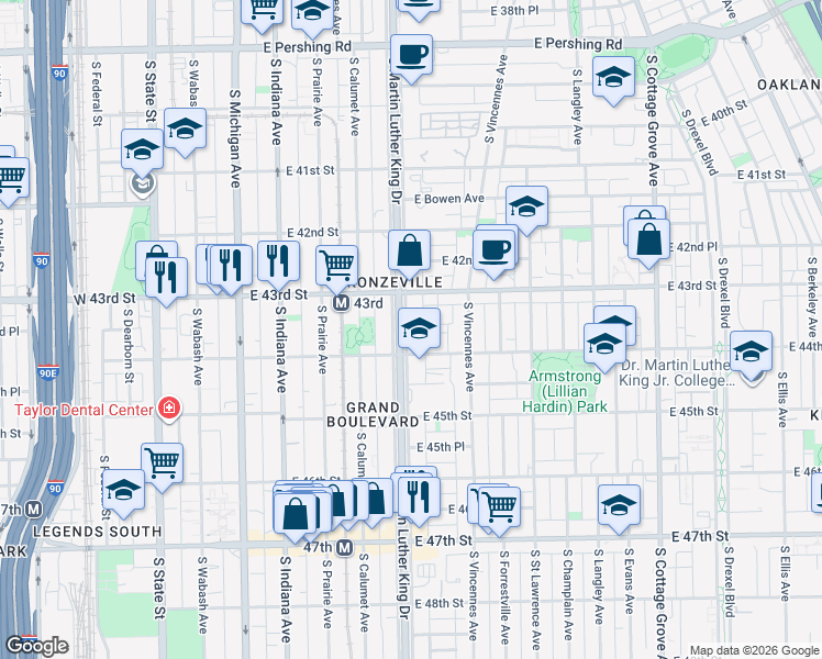 map of restaurants, bars, coffee shops, grocery stores, and more near 4337 South Doctor Martin Luther King Junior Drive in Chicago
