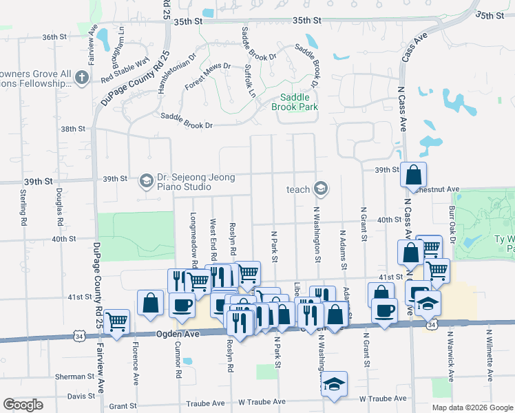 map of restaurants, bars, coffee shops, grocery stores, and more near 3921 Williams Street in Downers Grove