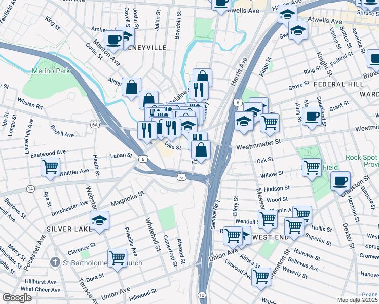 map of restaurants, bars, coffee shops, grocery stores, and more near 66 Dike Street in Providence