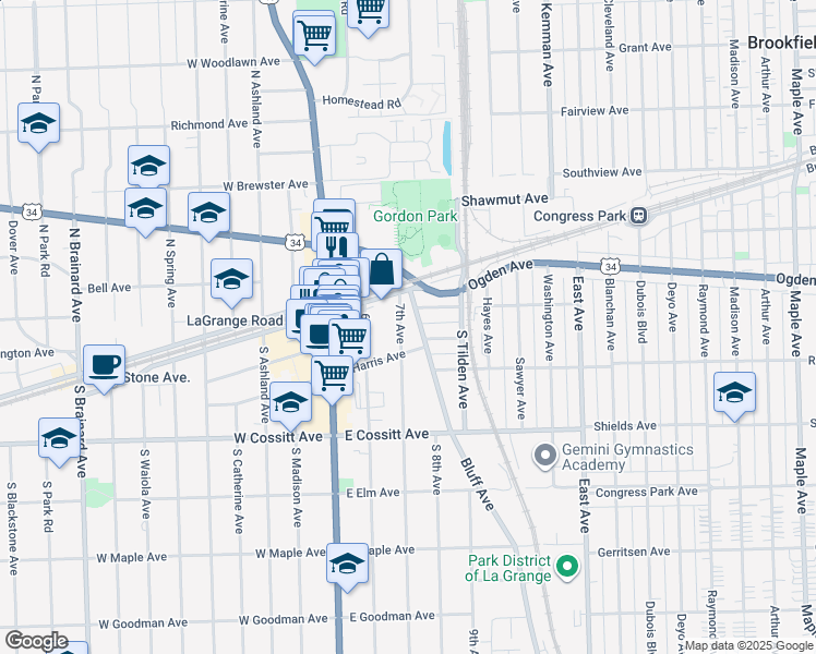 map of restaurants, bars, coffee shops, grocery stores, and more near 23 7th Avenue in La Grange