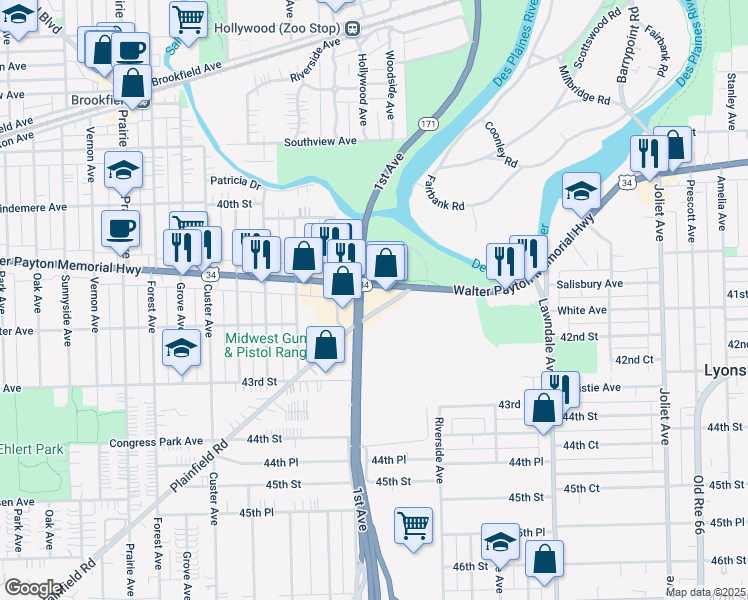 map of restaurants, bars, coffee shops, grocery stores, and more near 8401-8499 Plainfield Rd in Lyons