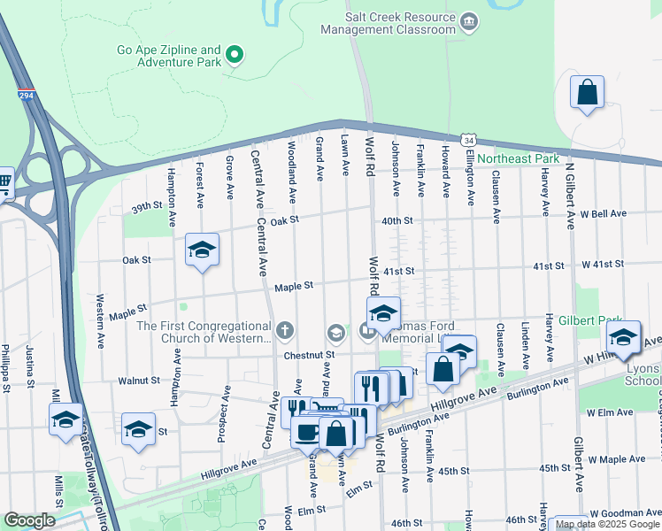 map of restaurants, bars, coffee shops, grocery stores, and more near 4058 Grand Avenue in Western Springs