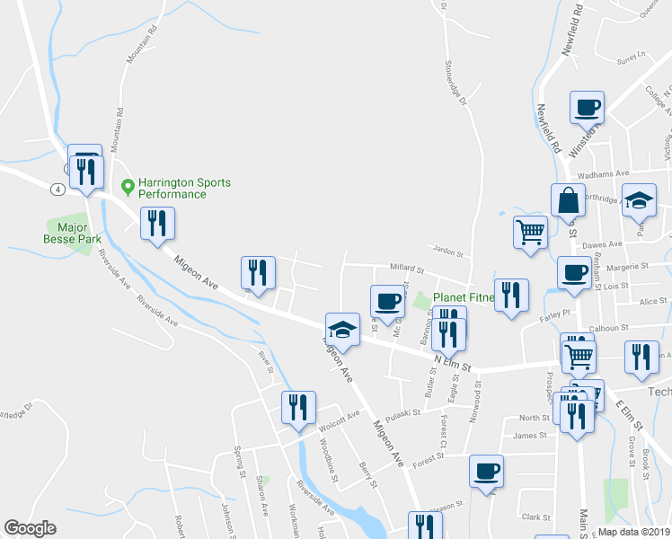 map of restaurants, bars, coffee shops, grocery stores, and more near 99 Elmwood Terrace in Torrington