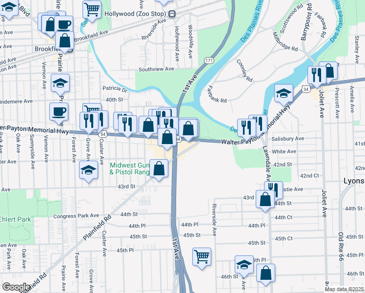 map of restaurants, bars, coffee shops, grocery stores, and more near 8401 Plainfield Road in Lyons