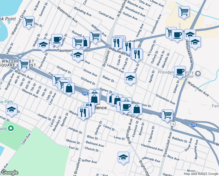 map of restaurants, bars, coffee shops, grocery stores, and more near 40 Agnes Street in East Providence