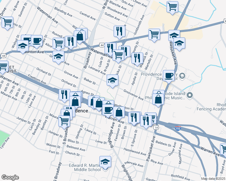 map of restaurants, bars, coffee shops, grocery stores, and more near 261 Grosvenor Avenue in East Providence